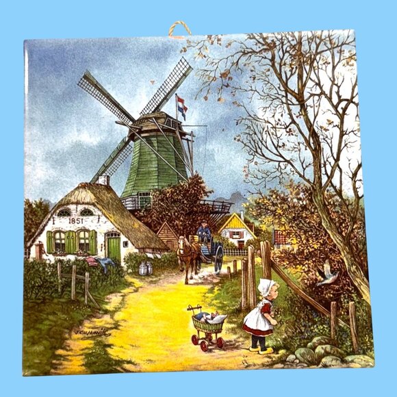 Set Of 2 Handcrafted Ter Steege Holland Wall Tiles Windmill Scenes 6" Decor VTG - Picture 8 of 9